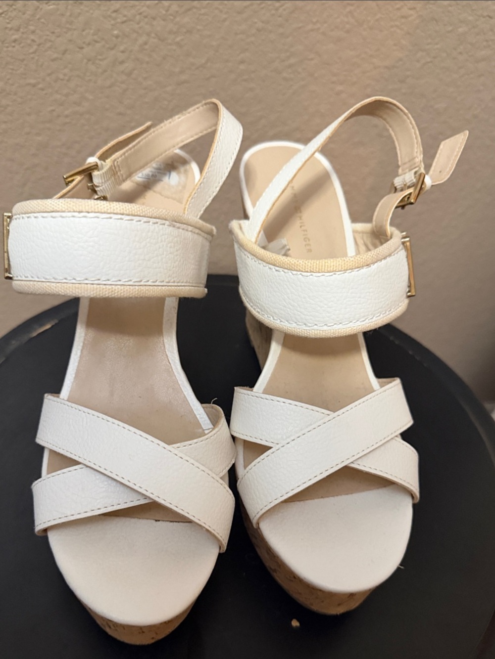 Tommy Hilfiger Cream Crisscross Cork-Platform Wedge Sandals